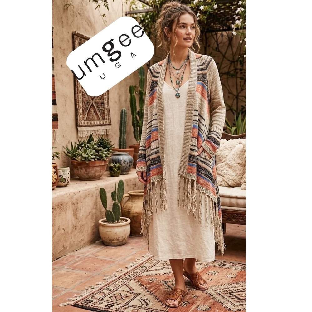 Umgee USA Boho Southwestern Fringed Open Front Cardigan Sweater Orange Blue S